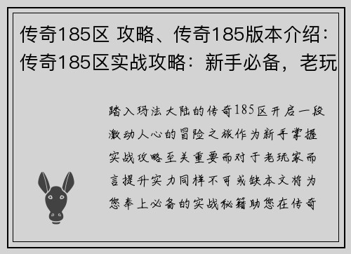 传奇185区 攻略、传奇185版本介绍：传奇185区实战攻略：新手必备，老玩家精进