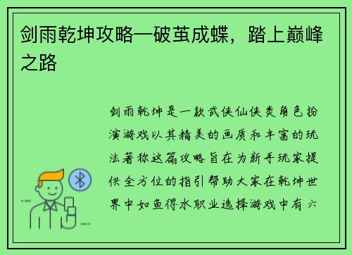 剑雨乾坤攻略—破茧成蝶，踏上巅峰之路
