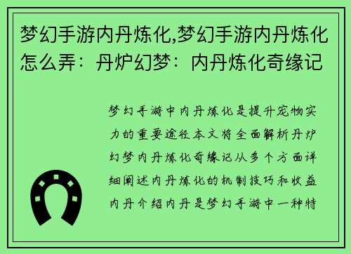 梦幻手游内丹炼化,梦幻手游内丹炼化怎么弄：丹炉幻梦：内丹炼化奇缘记
