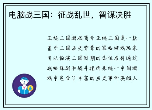 电脑战三国：征战乱世，智谋决胜